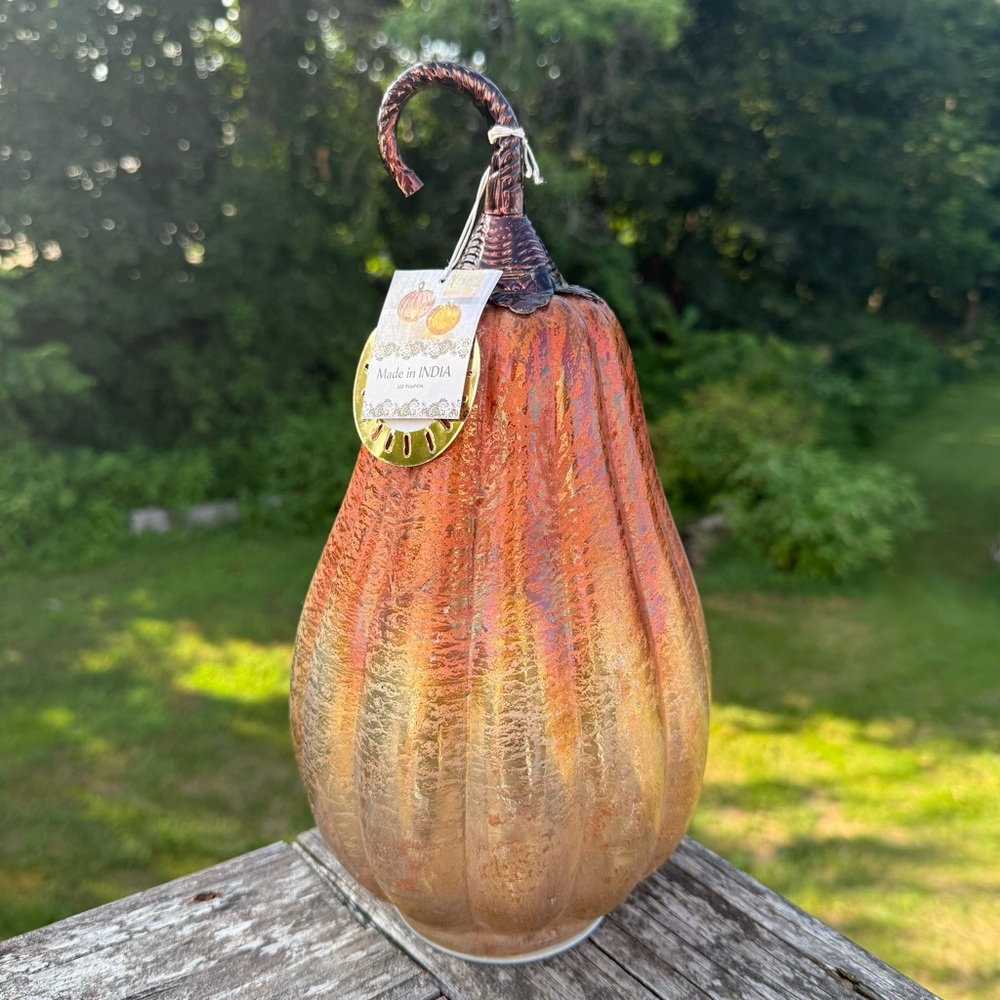 NEW Handblown LED Mercury Glass Gold and Brown Glass Pumpkin Gourd Large 12”